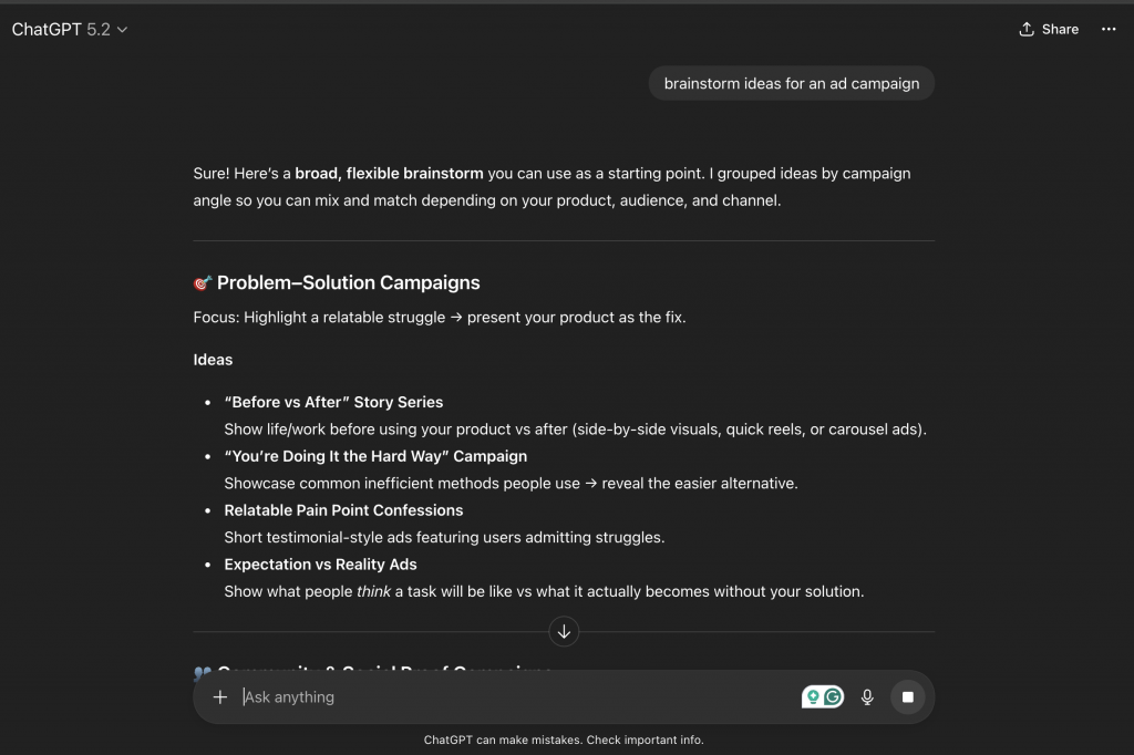 Screenshot of brainstorming ideas on ChatGPT